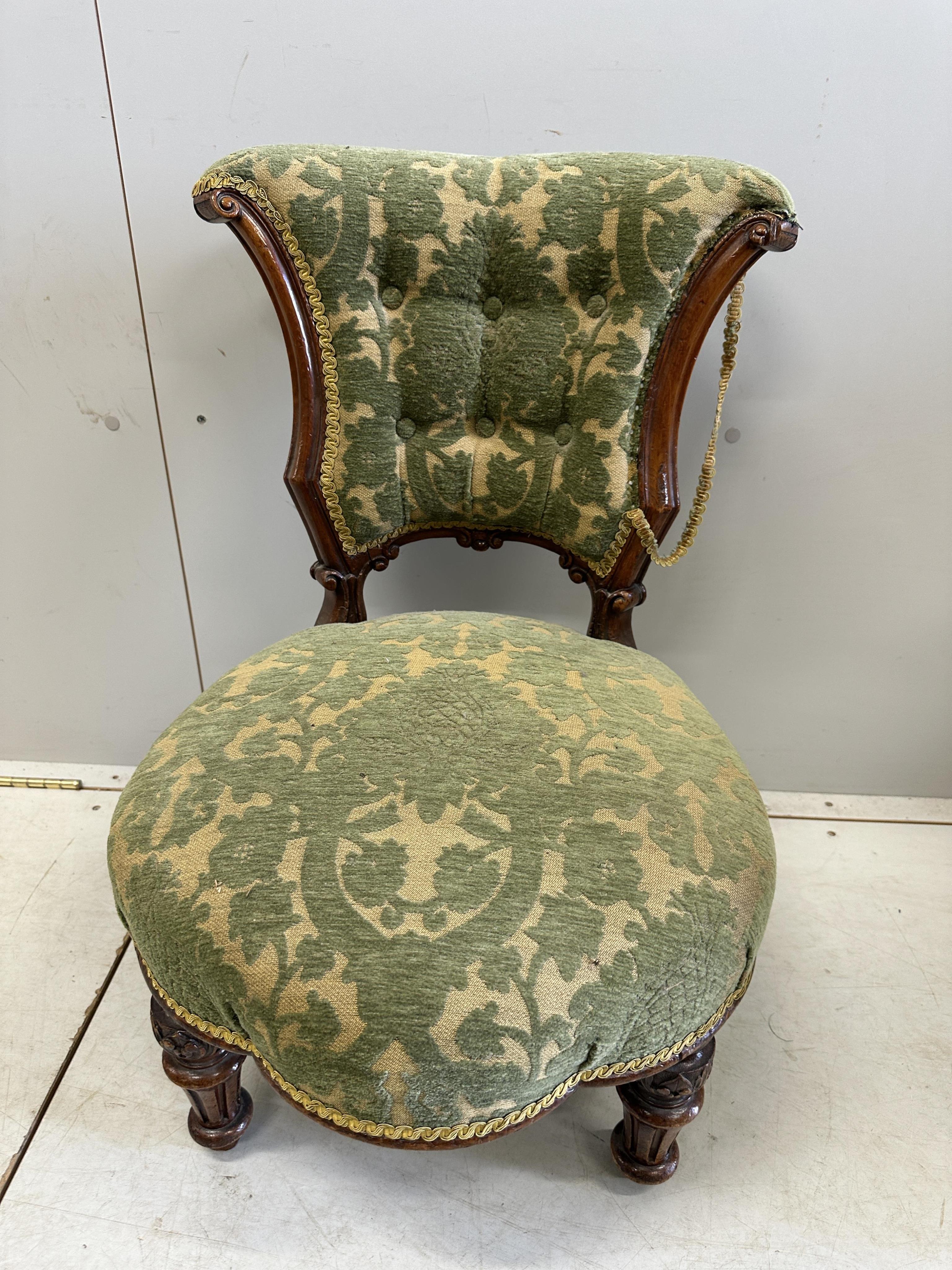 A pair of inlaid Edwardian salon chairs, a Victorian nursing chair and two others. Condition - fair